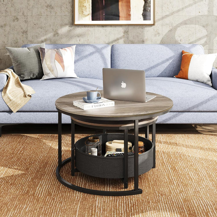 WLIVE Runder Couchtisch 2er Set, Moderne Wohnzimmertisch Rund, Beistelltisch mit Korb aus Stoff, 80