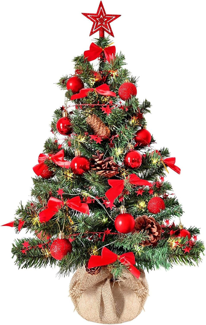 Weihnachtsbaum künstlich (WBD) 60 cm grün mit Weihnachtsdeko rot und Led Lichterkette mit Batteriebo