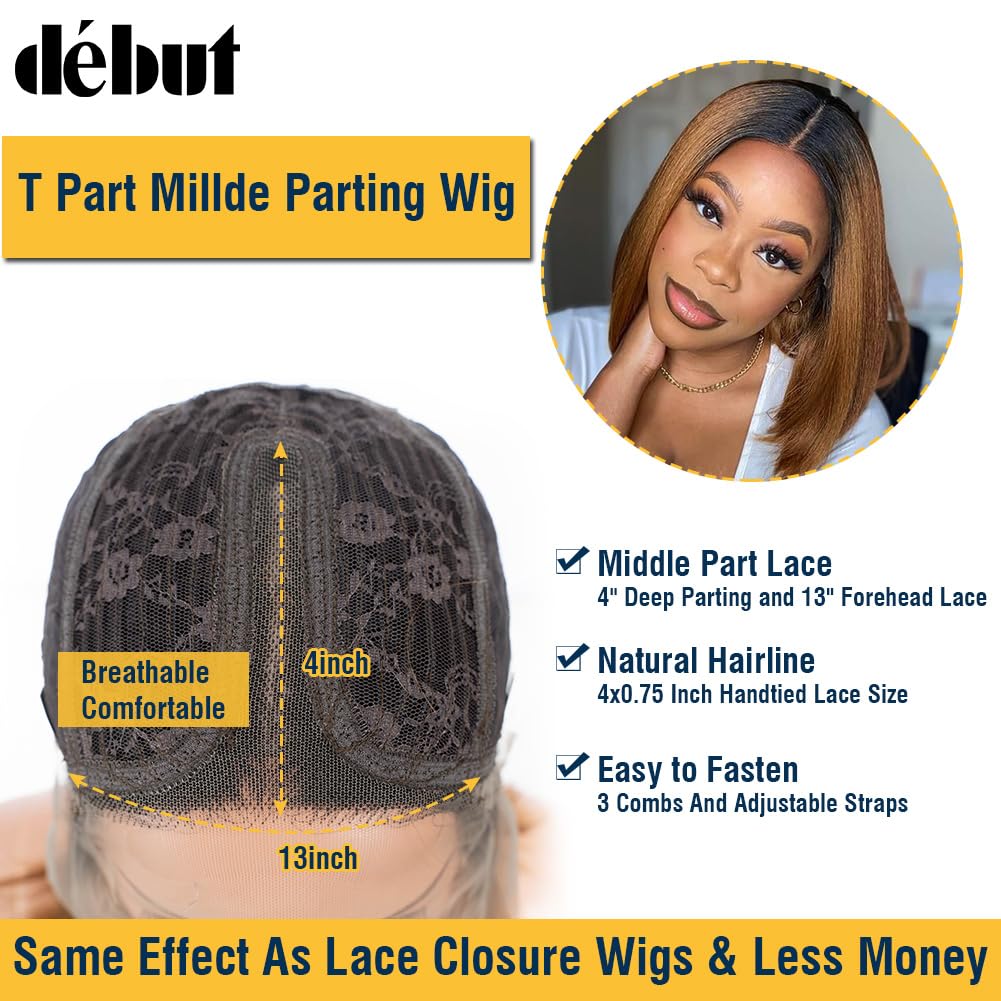 DÉBUT Glatte Bob Perücke, Echthaar, T-Teil, Spitzenfront, Bob-Perücke, vorgezupft, mit Babyhaar, 150