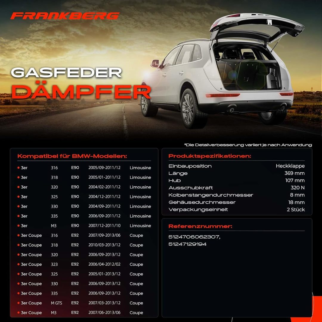 Frankberg 2x Gasfeder Dämpfer Heckklappe Kofferraum Kompatibel mit 3er E90 E92 316 318 320 325 330 3