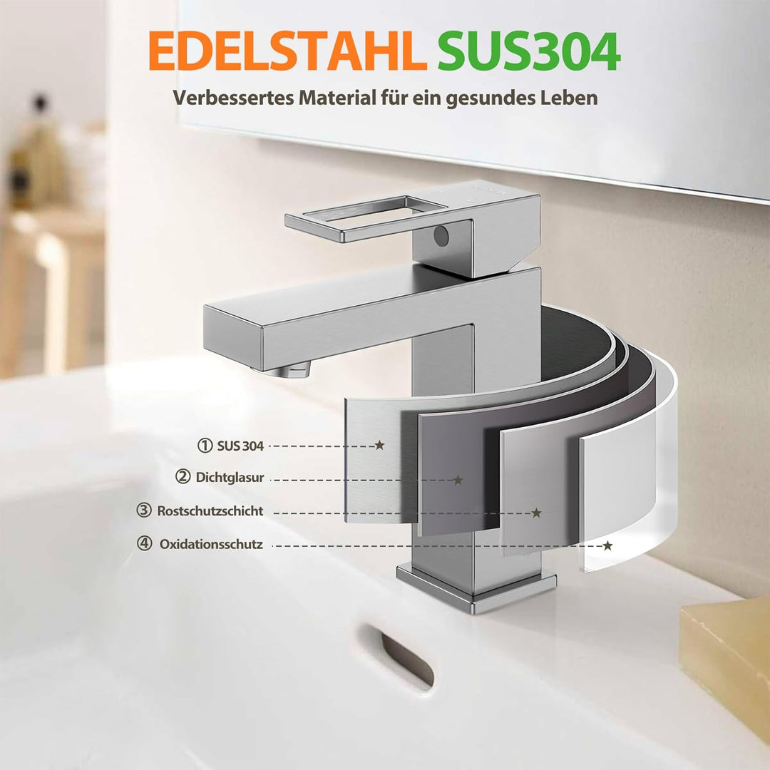 Wasserhahn Bad Einhebel-Waschtischarmatur, HURRAN Badezimmer-Wasserhahn Edelstahl, Warm/Kaltwasser M