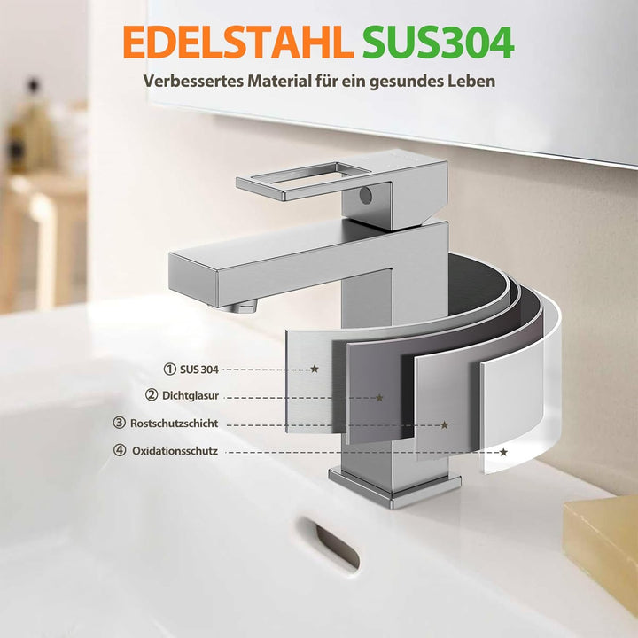 Wasserhahn Bad Einhebel-Waschtischarmatur, HURRAN Badezimmer-Wasserhahn Edelstahl, Warm/Kaltwasser M