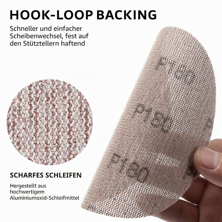 Schleifgitter 50 Stück 125mm Klett Körnung 180, Zum staubfreien Schleifen von Karosserie, Holz, Meta