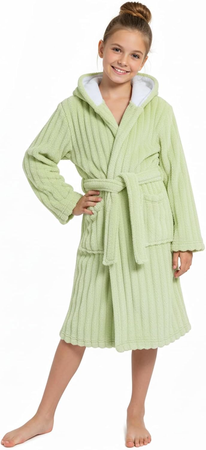 JiAmy Kapuzen Bademantel für Mädchen Flauschiger Fleece Plüsch Langer Schlafmantel Kinder Grün 4-6 J