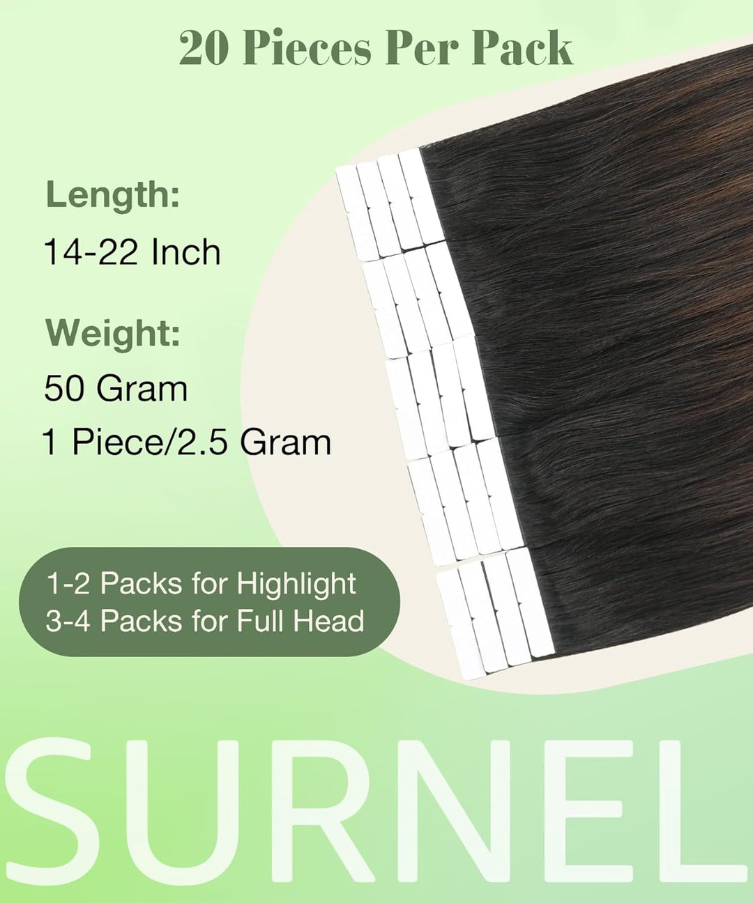 SURNEL Tape-In Echthaarverlängerungen Farbe 1B Aus Schwarz Verblassend Zu 4 Mittelbraun Tape in Haar