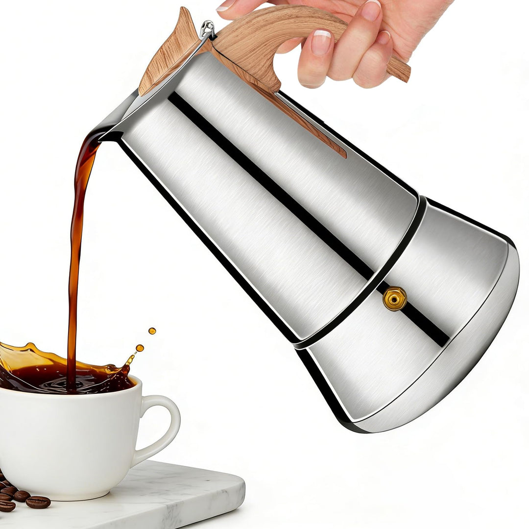 Romon Espressokocher Edelstahl, 6 Tassen 300ml Silber, Mokkakanne Mit Holzgriff, Geeignet Für Glaske
