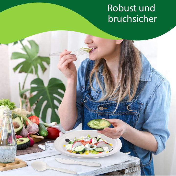 BIODORF Umweltfreundliche Einweggeschirr | 200 teilig (je 50 Zuckerrohr Teller, Kompostierbare Gabel