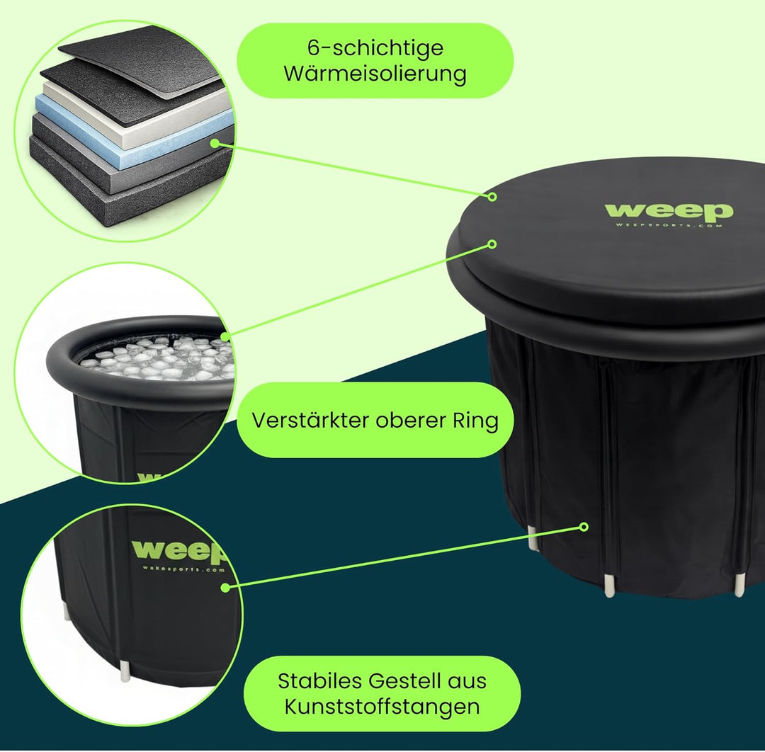 weep Eisbaden Tonne XL 80cm Ø, Eistonne mit UV-Schutz Deckel - Zuhause und Outdoor - Eisbad für Kält