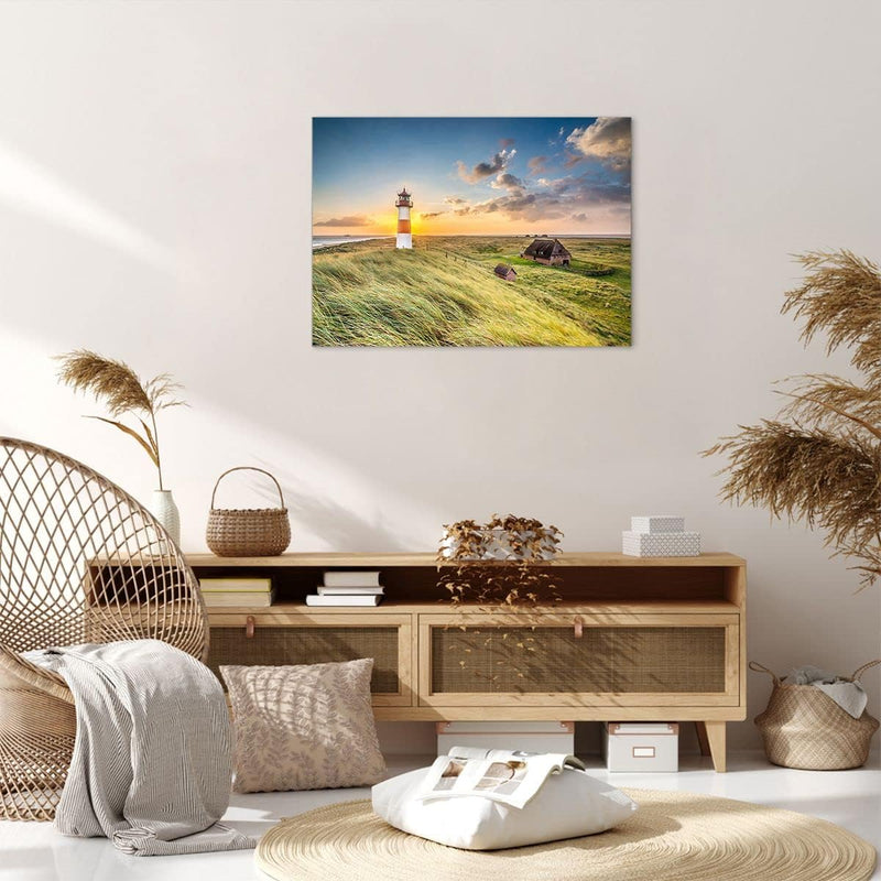 Bilder auf Leinwand Leuchtturm Meer Leinwandbild mit Rahmen 70x50cm Wandbilder Dekoration Wohnzimmer