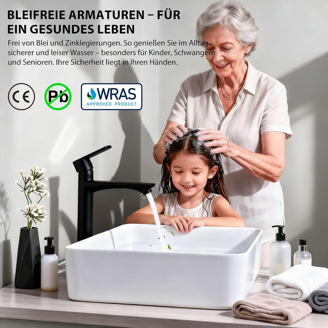 HOMELODY Wasserhahn Bad Schwarz Hoch - Bleifrei Rund Waschtischarmatur mit Auslauf Höhe 250 mm - Ein