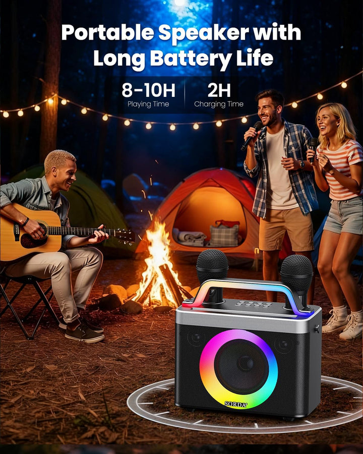 Tragbare Bluetooth-Karaoke-Maschine für Erwachsene und Kinder – 2 Kabellose Mikrofone, Schultergurt,