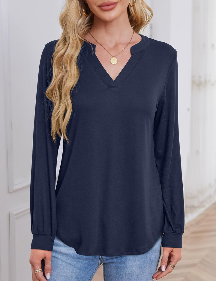Beluring Langarmshirt Damen Elegant V Ausschnitt Tunika Bluse Einfarbig T-Shirt L Marineblau, L Mari