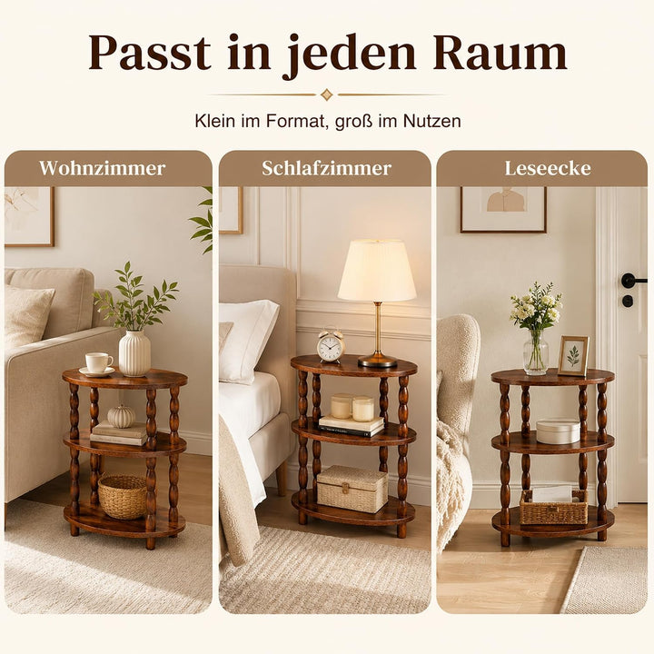 Beistelltisch 3 Ebenen, Oval, Klein, Vintage, Rustikales Braun