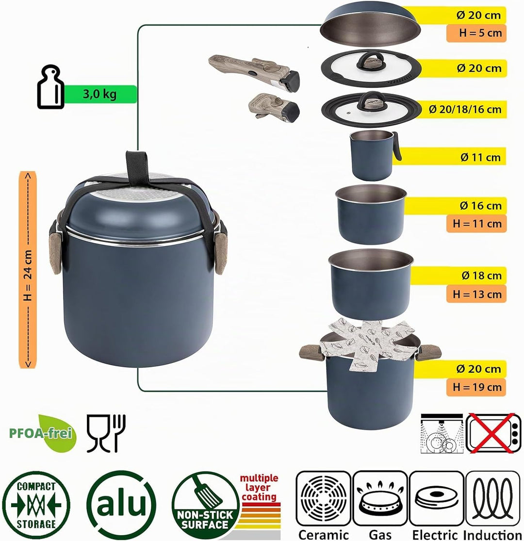 BRUNNER Camping HOHES Kochgeschirr-Set Alu (Töpfe und Pfannen) - ø 18, 20, 22 cm TORRALTA Vakublock