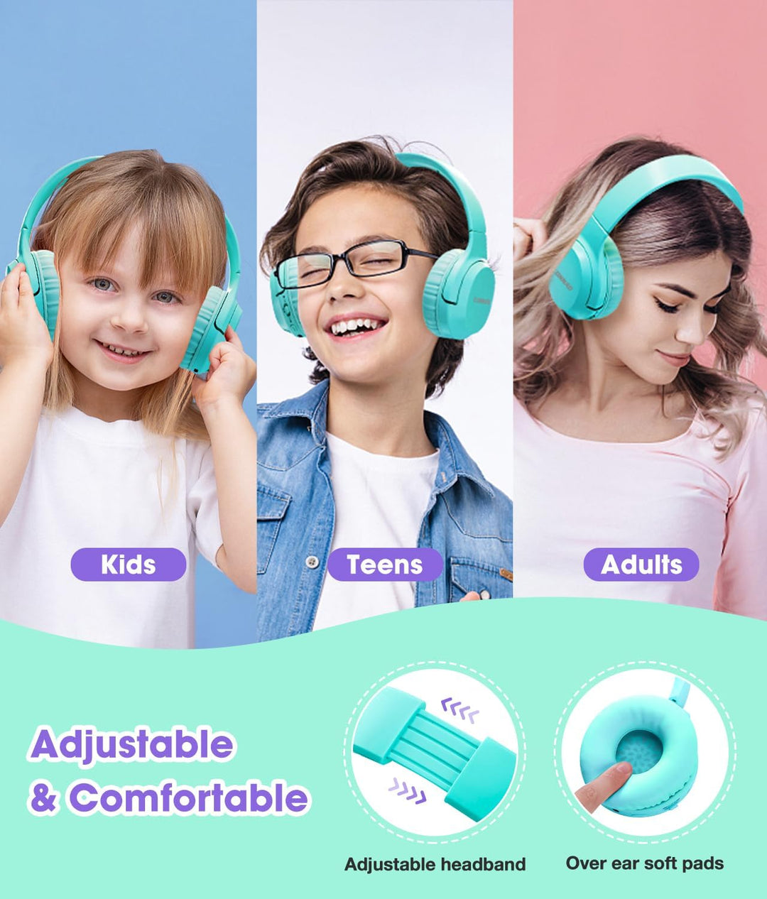 Kinder Kopfhörer Wireless 60H, Faltbare On Ear Kopfhörer mit MIC, Lautstärkebegrenzer 85dB/94dB Drah