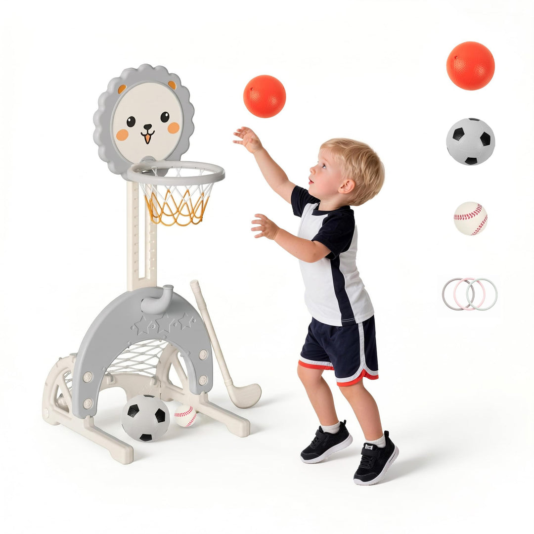 3-in-1 Kinder Basketballkorb Set, Höhenverstellbarer Basketballständer mit Fussballtor und Ringwurf,