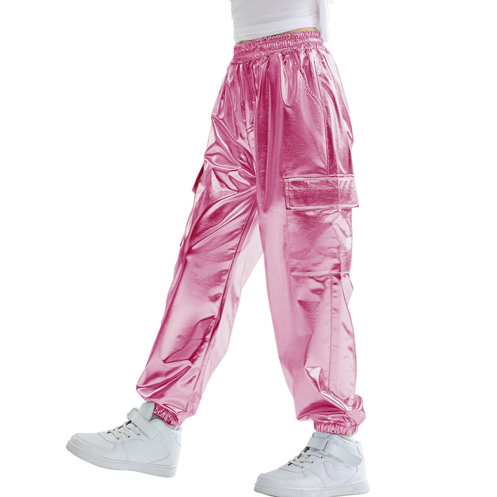 Rolanko Kinder Cargo Hose Elastische Taille Jogger Tanz Hose für Mädchen Streetwear Hip Hop Hellrosa