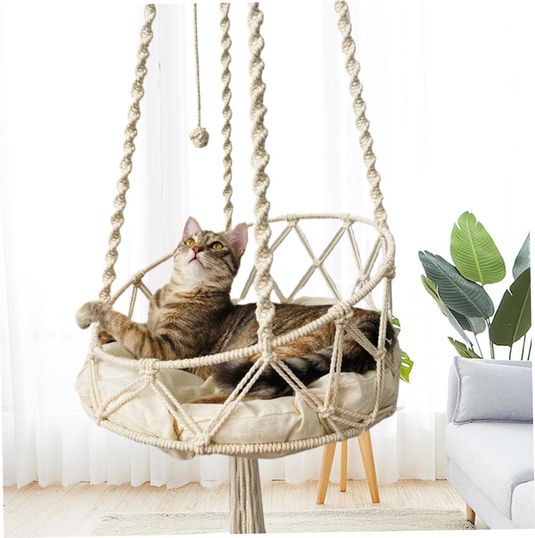 Katzenhängematte, 130 cm langes hängendes Katzenbett mit 40 cm Kissen, Boho-Makramee-Hängematte, Kat