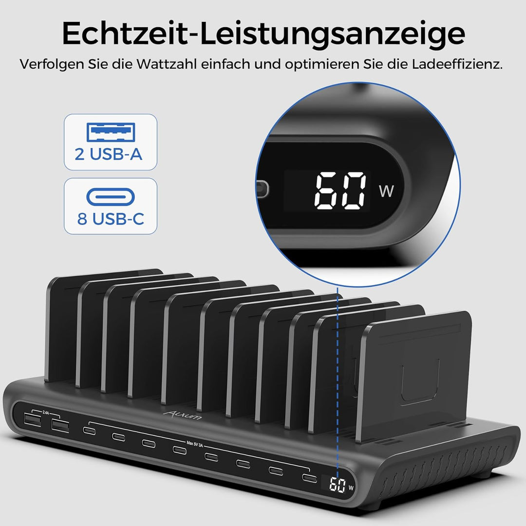 Alxum 60W 10 Port USB Ladestation für mehrere Geräte, LED Echtzeit-Digitalanzeige mit 8×USB-C & 2×US