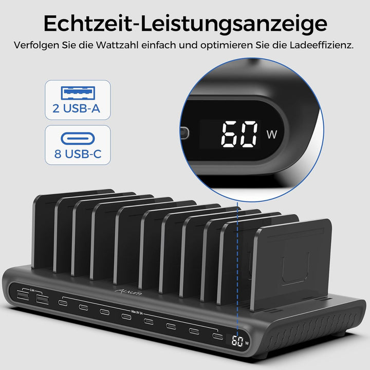 Alxum 60W 10 Port USB Ladestation für mehrere Geräte, LED Echtzeit-Digitalanzeige mit 8×USB-C & 2×US