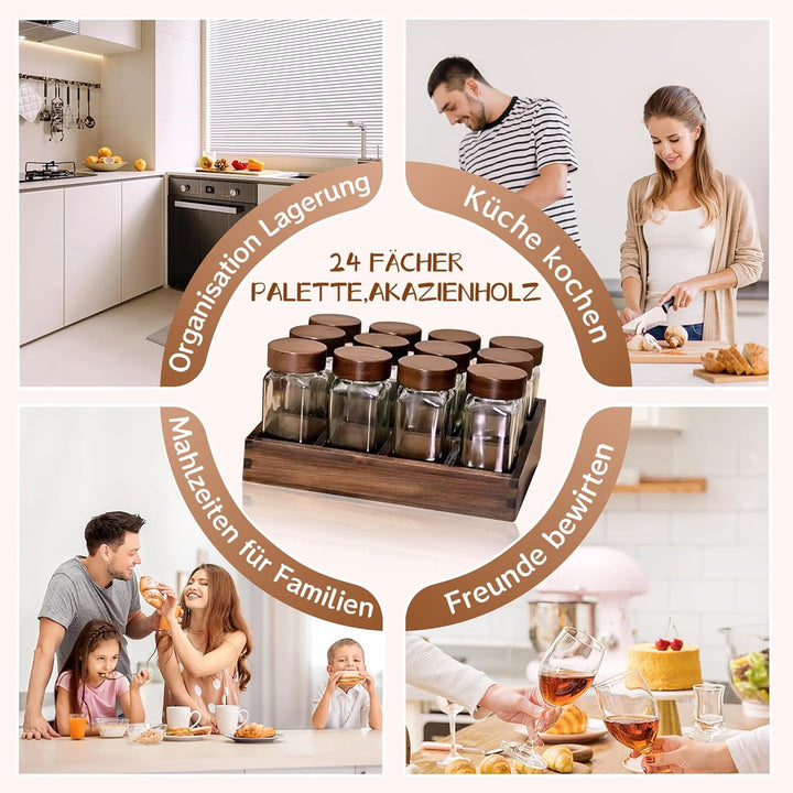 SAEIV Umweltfreundliches Akazien-Gewürzregal Holz mit 12 Fächern | 12 120ml-Gewürzgläser Drawer Orga