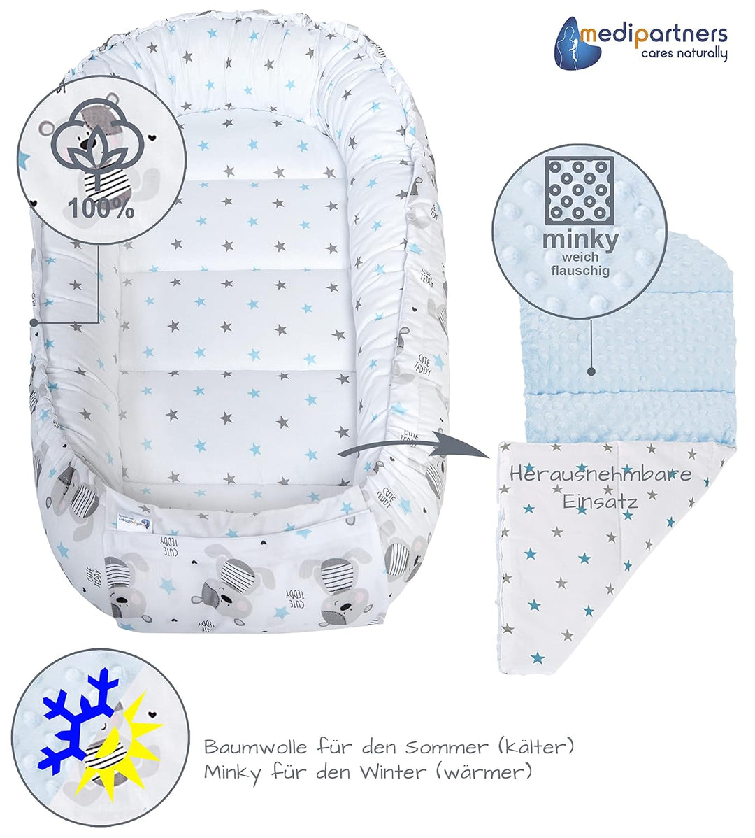 Medi Partners 5 teilig Babynestchen Set Babynest 90x50 herausnehmbarer Einsatz Bett Kuschelnest Krab