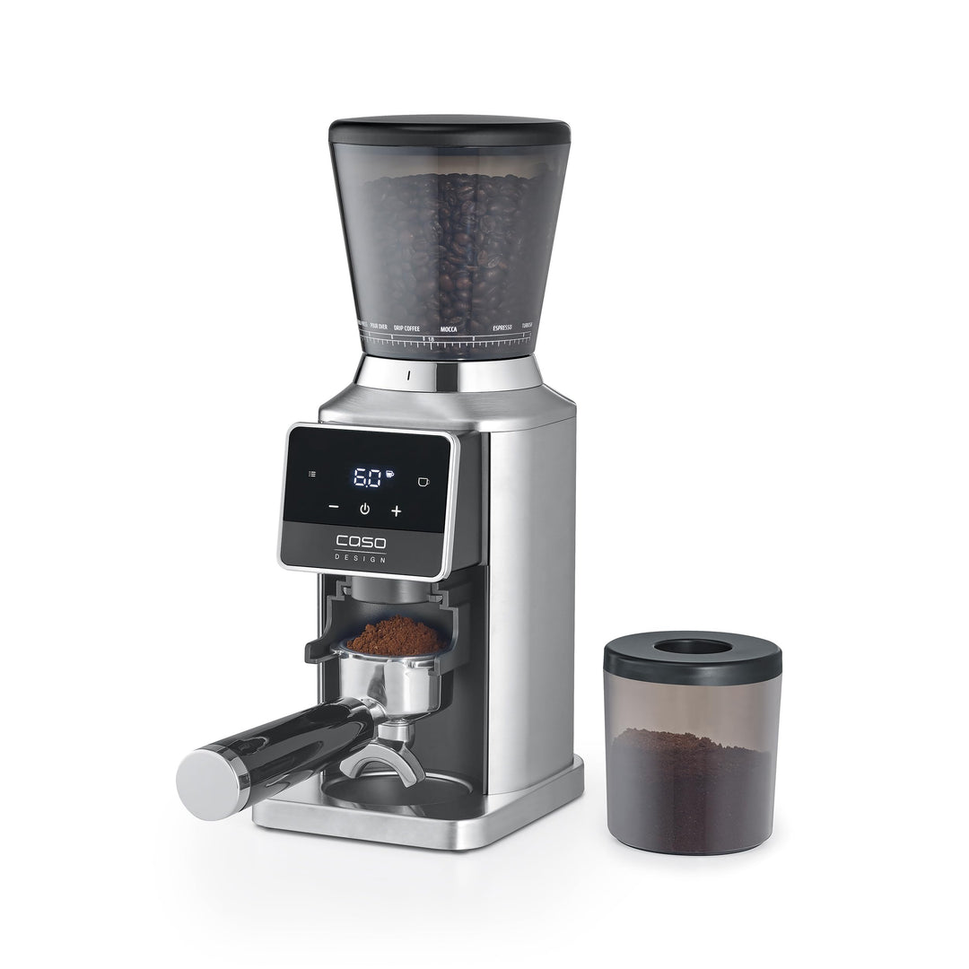 CASO BaristaChef Inox Pro - elektrische Kaffeemühle, mit Siebträgerhalterung