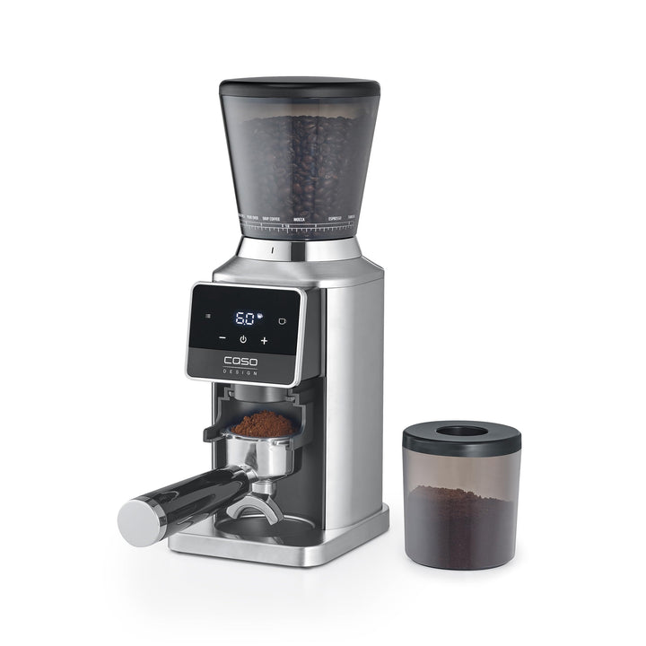 CASO BaristaChef Inox Pro - elektrische Kaffeemühle, mit Siebträgerhalterung