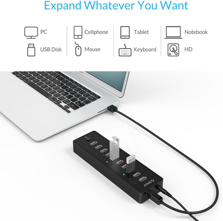 ORICO USB 2.0 Hub 10 Ports mit Netzschaltern und Netzteil 30W (12V2.5A), 480 Mbps Speed Datenhub für