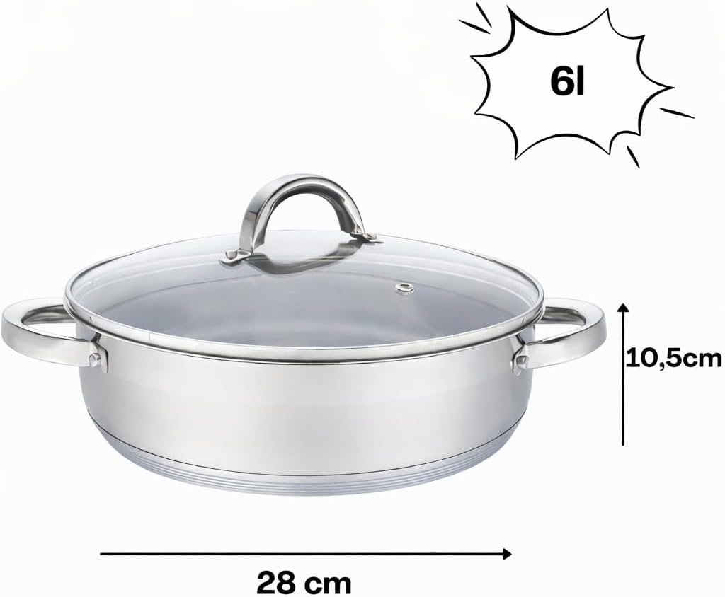 Flach Topf mit Deckel in vielen Grössen Kochtopf Töpfe Induktion Edelstahl (6L/∅28cm), 6L/∅28