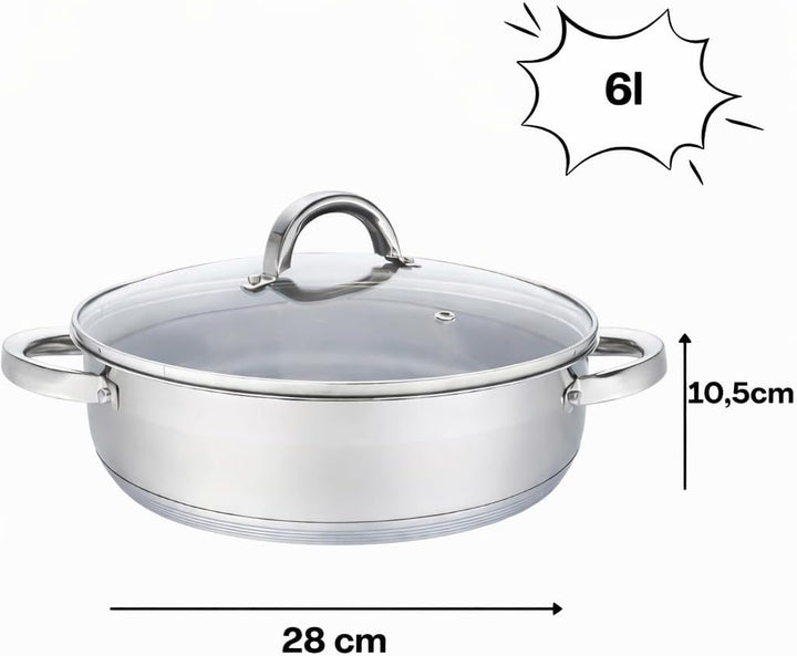 Flach Topf mit Deckel in vielen Grössen Kochtopf Töpfe Induktion Edelstahl (6L/∅28cm), 6L/∅28