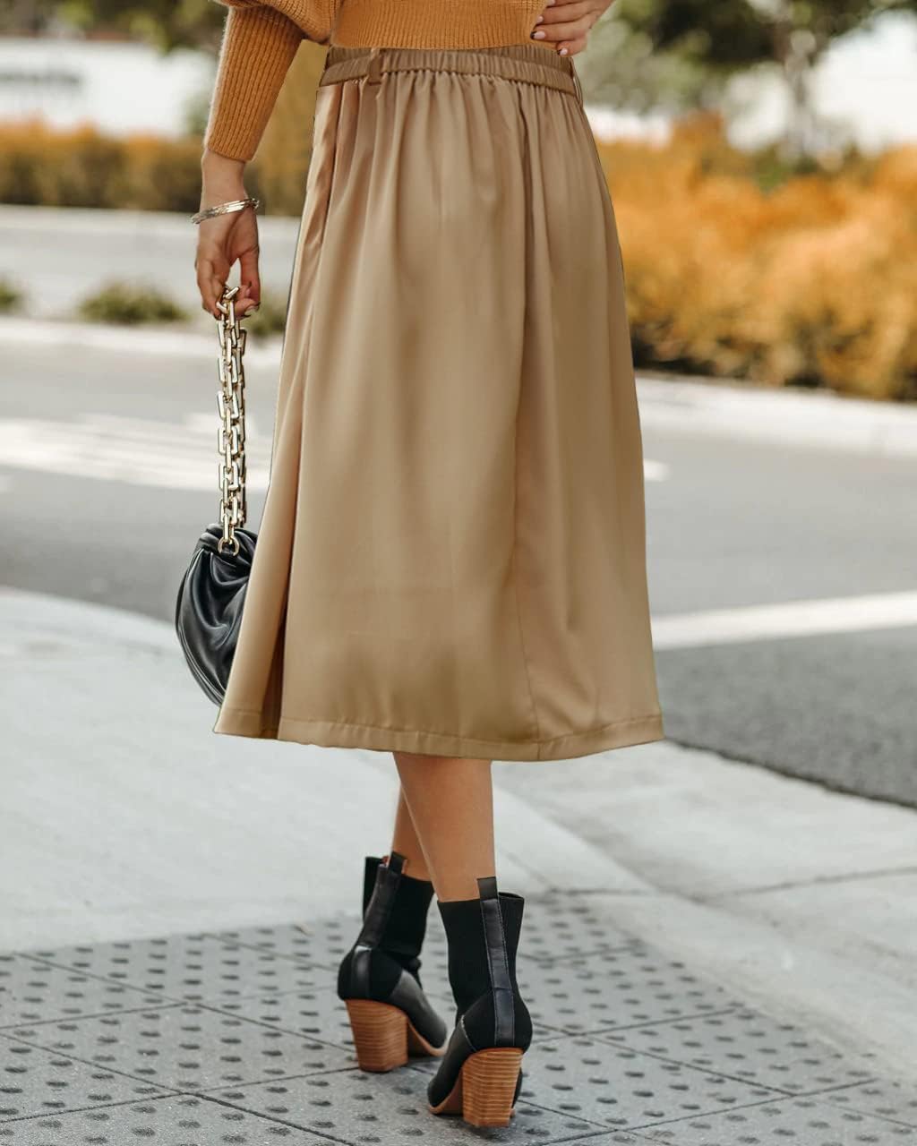 JayscreateEU Damen Rock Midirock Rock Lang Hohe Taille Rock Knielang A Linie Damen Mit Taschen Somme