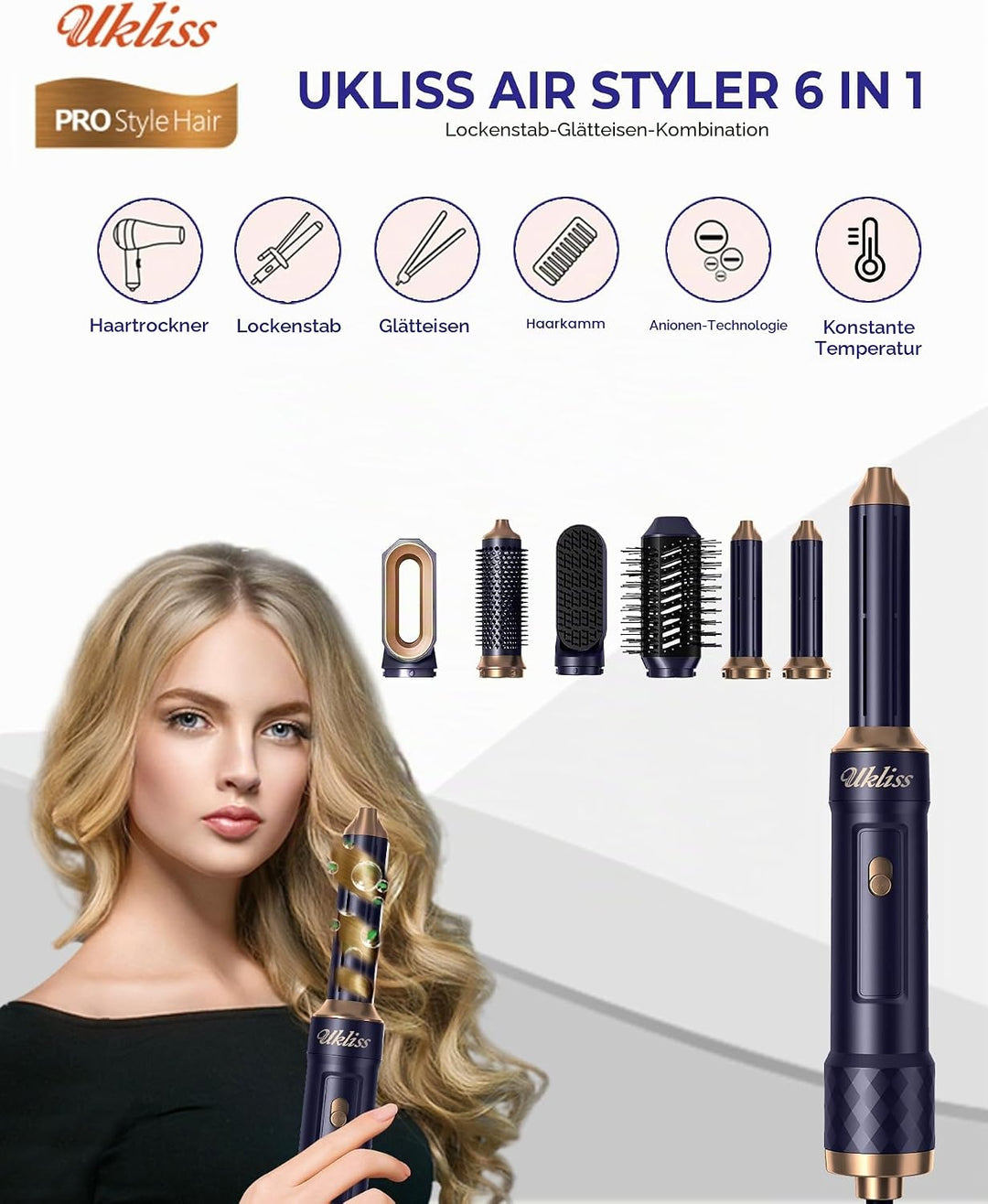 UKLISS 6 in 1 Hairstyler &amp; Haartrockner, Haarstyler Set mit Warmluft Lockenbürste Automatisch, Hair