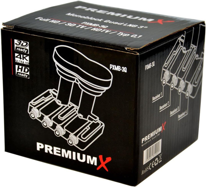 Premium X Quad Monoblock LNB 3° PXMB-3Q 0,1 dB Astra 19,2° Eutelsat 16° HDTV FullHD UltraHD 4K 3D ta
