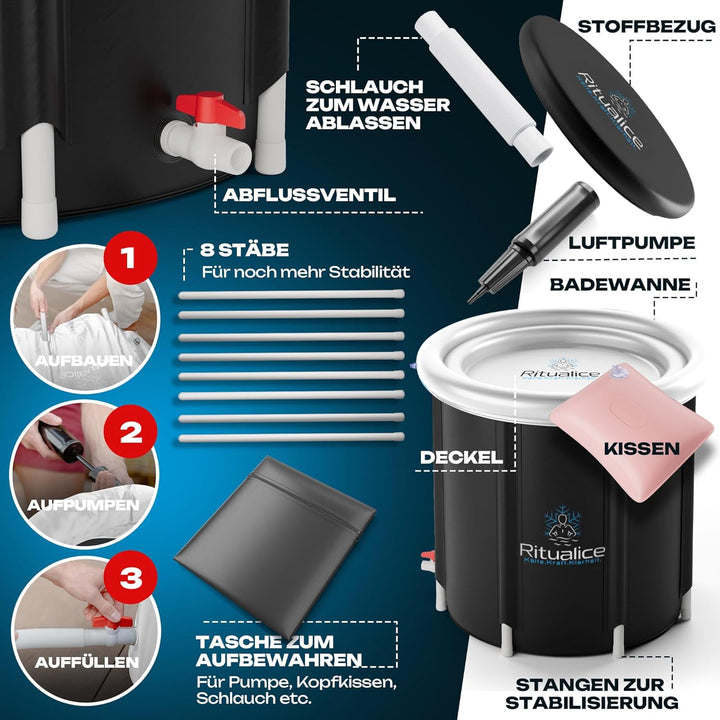 Ritualice® Eisbad (80 cm Ø) XL - TESTSIEGER - Eistonne Set mit Deckel und Stoffbezug - Eisbaden idea