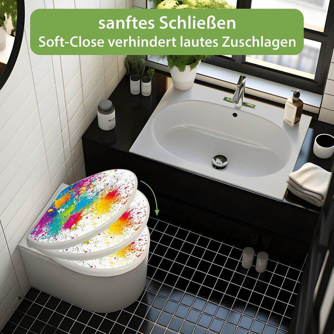 banjado® Toilettendeckel mit Absenkautomatik 44x37cm mit Motiv Farbspritzer - WC Brille Soft Close -