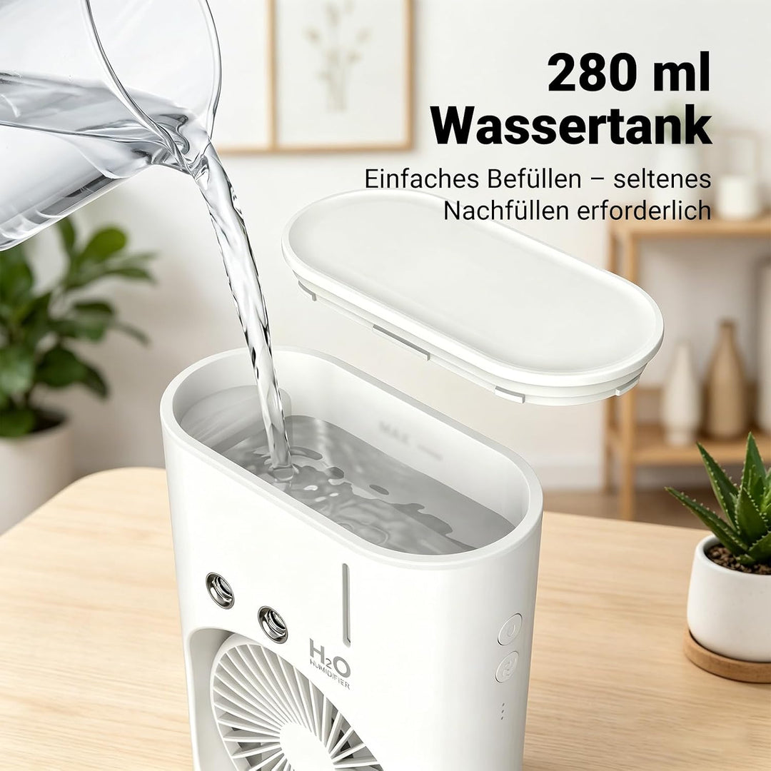 EXTRASTAR Ventilator mit Sprühnebel, USB Akku, 3 Geschwindigkeits- & 2 Sprühstufen, Tischventilator