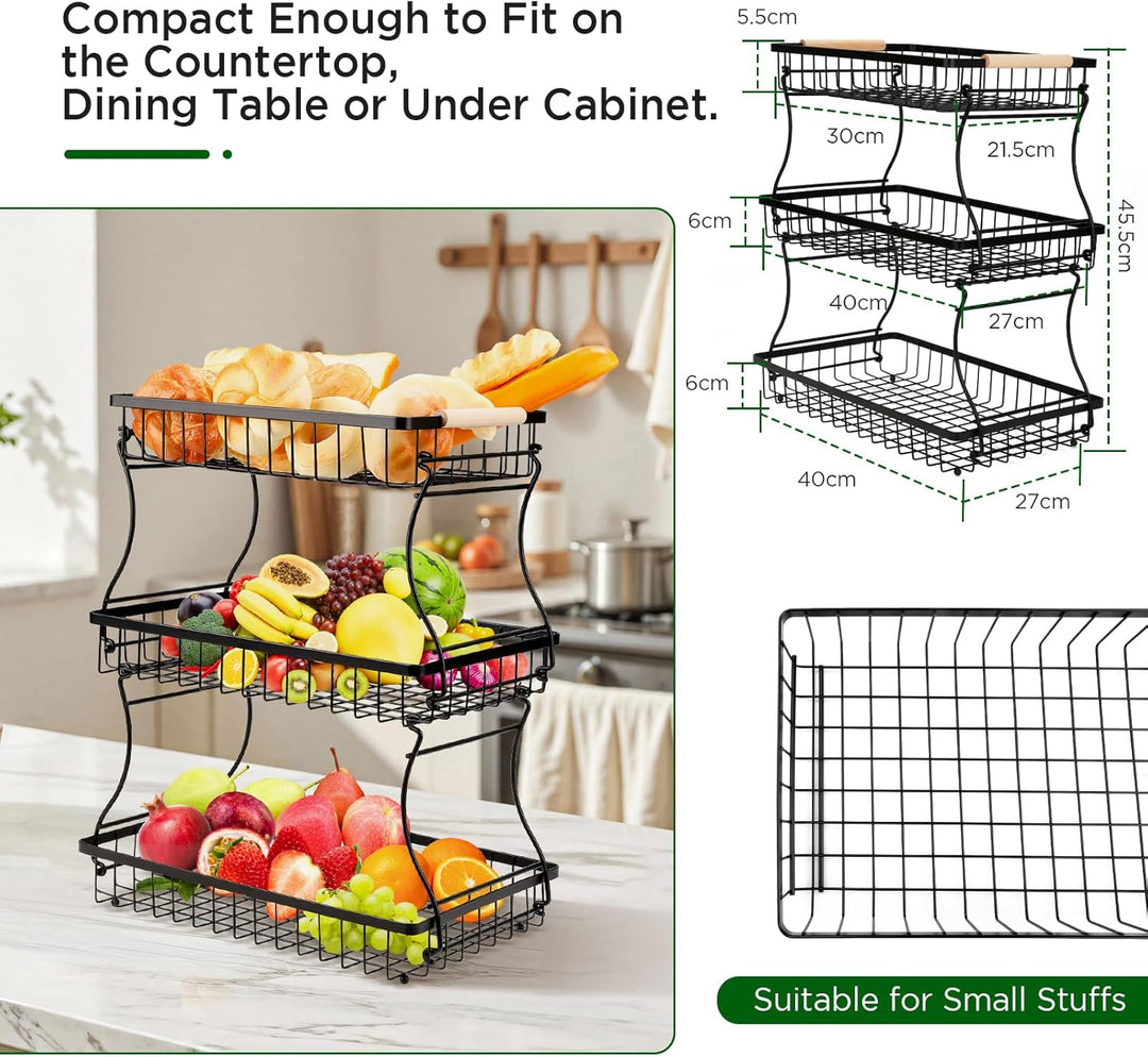 VINATO Obstschale, 3-stöckige Moderner Obstkorb mit Holzgriffen, für Küche, Bad & Mehr – Ideal für O
