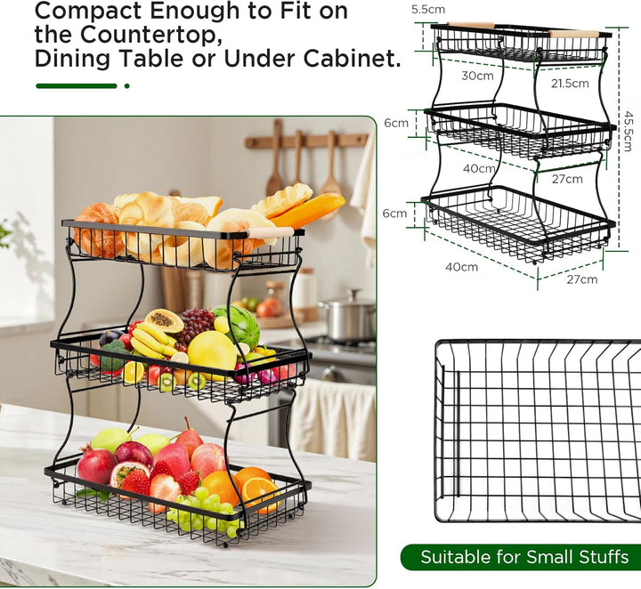 VINATO Obstschale, 3-stöckige Moderner Obstkorb mit Holzgriffen, für Küche, Bad & Mehr – Ideal für O