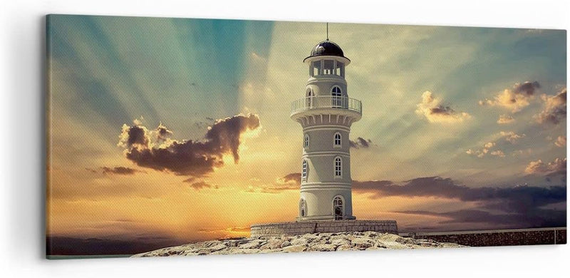 Wandbilder Dekoration Wohnzimmer Leuchtturm Wasser Meer Steine Panorama Bilder auf Leinwand 120x50cm