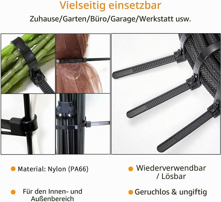 Meccion Wiederverwendbarer Kabelbinder 100 Stück UV-Beständig Starkes Nylon Wiederlösbar Kabelbinder
