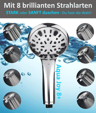 BLUMBACH Duschkopf wassersparend 8-9 Liter/Min, Sparduschkopf 8 Stahlarten, wassersparender Duschkop