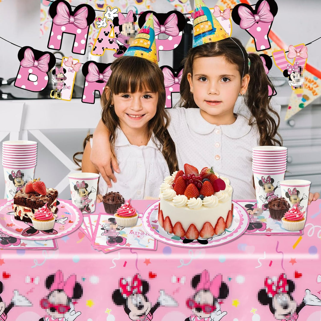 Pappteller Kindergeburtstag Geschirr Party Deko Mädchen-52PCS Rosa Mini Mouse Pappteller Tischdecke
