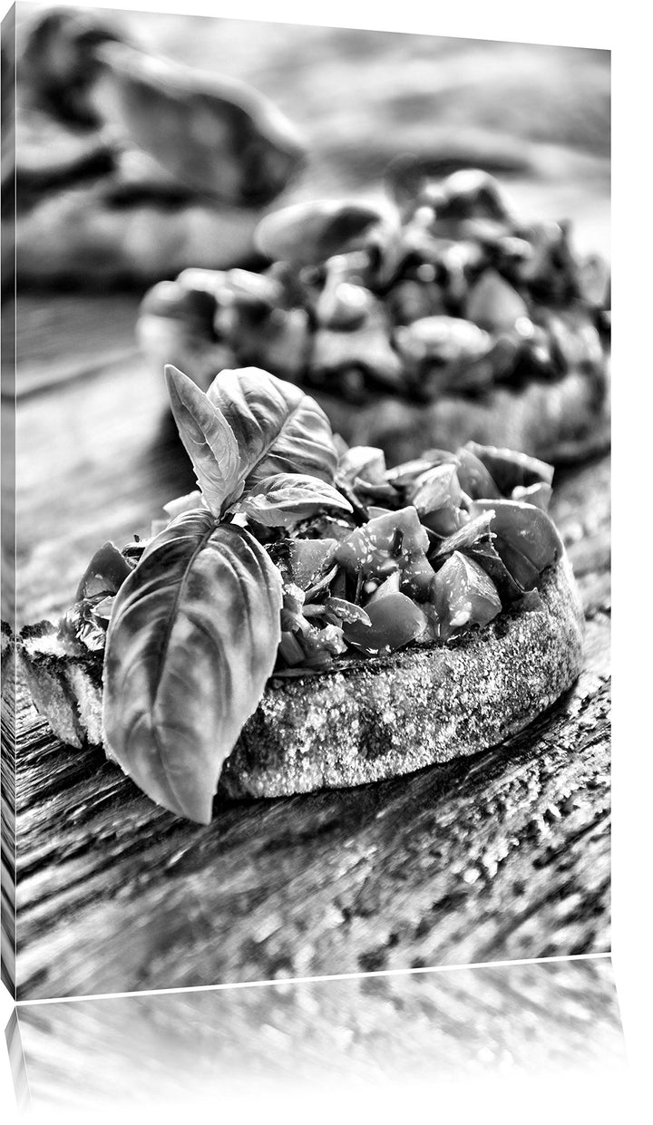 Pixxprint Monocrome, Köstliche Tomaten Bruchetta, Format: 100x70 auf Leinwand, riesige Bilder fertig