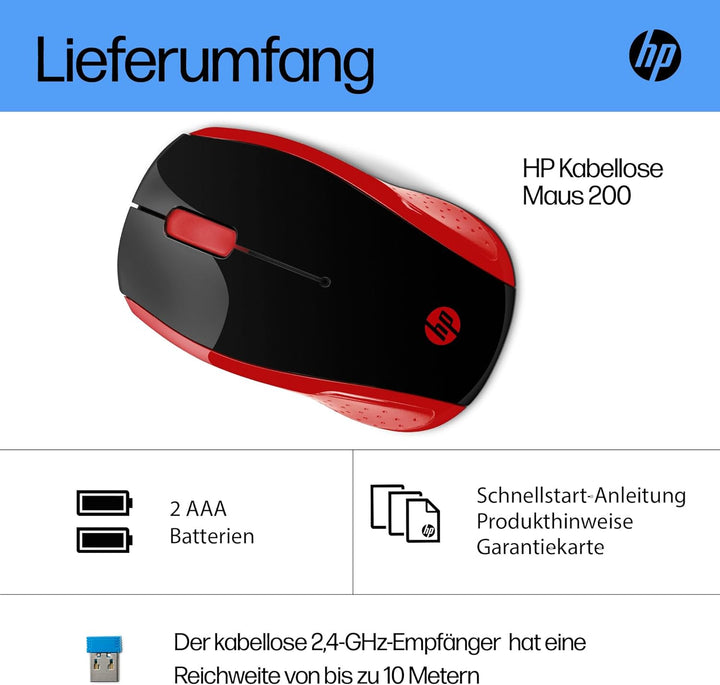 HP 200 (2HU82AA) kabellose Maus (1.000 dpi, 3 Tasten, Scrollrad, USB dongle) schwarz / rot rot Singl