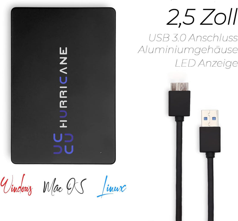 HURRICANE MD25U3 Externe Festplatte 1TB Speicher 2,5" USB 3.0 für Fotos TV Laptop PS4 PS5 Xbox kompa