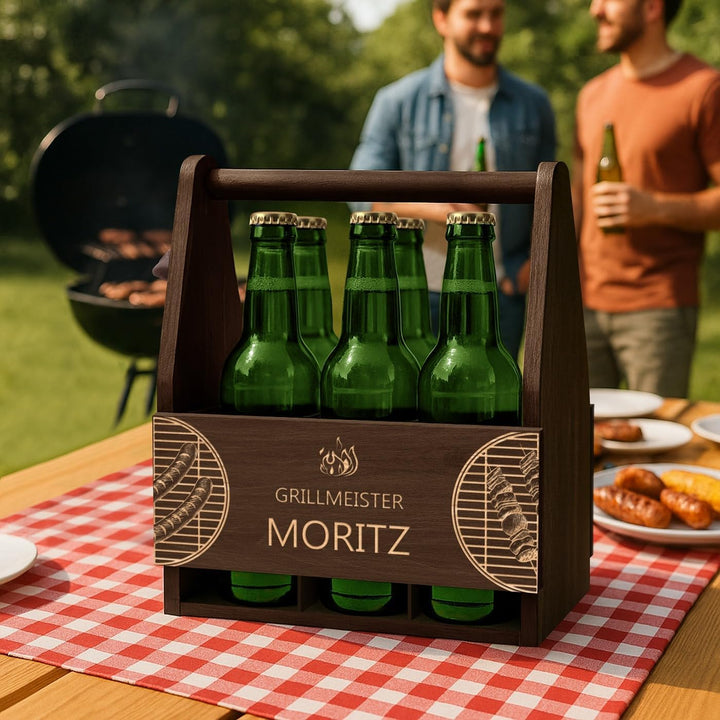 Maverton Bierträger für 6 Flaschen 0,5L + Gravur - Männerhandtasche mit Flaschenöffner - Grösse: 25x