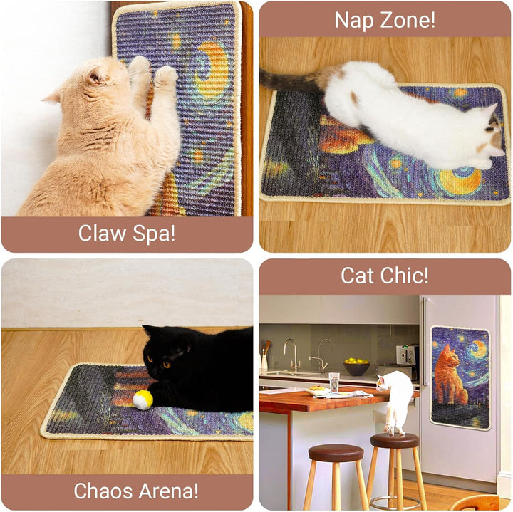 SOLDAY Sisal Kunst Kratzmatte Katze 56x33cm Wand & Couch Schutz, Starry Cat | Natürliche Sisalmatte