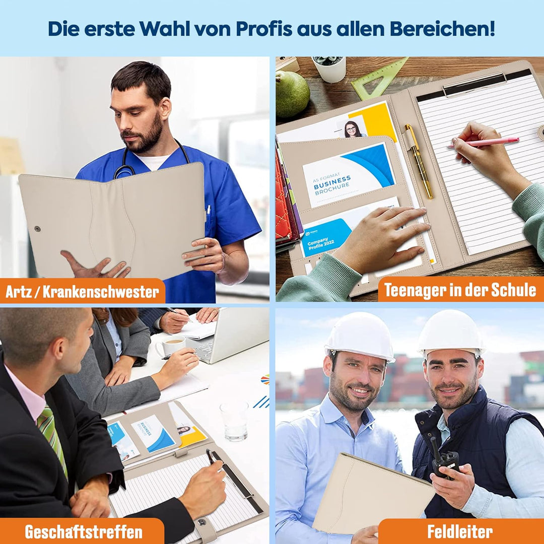 AMKSONS Schreibmappe A4 in Hell Grau inklusive Klemmbrett & DIN A4 Notizblock - Premium Konferenzmap