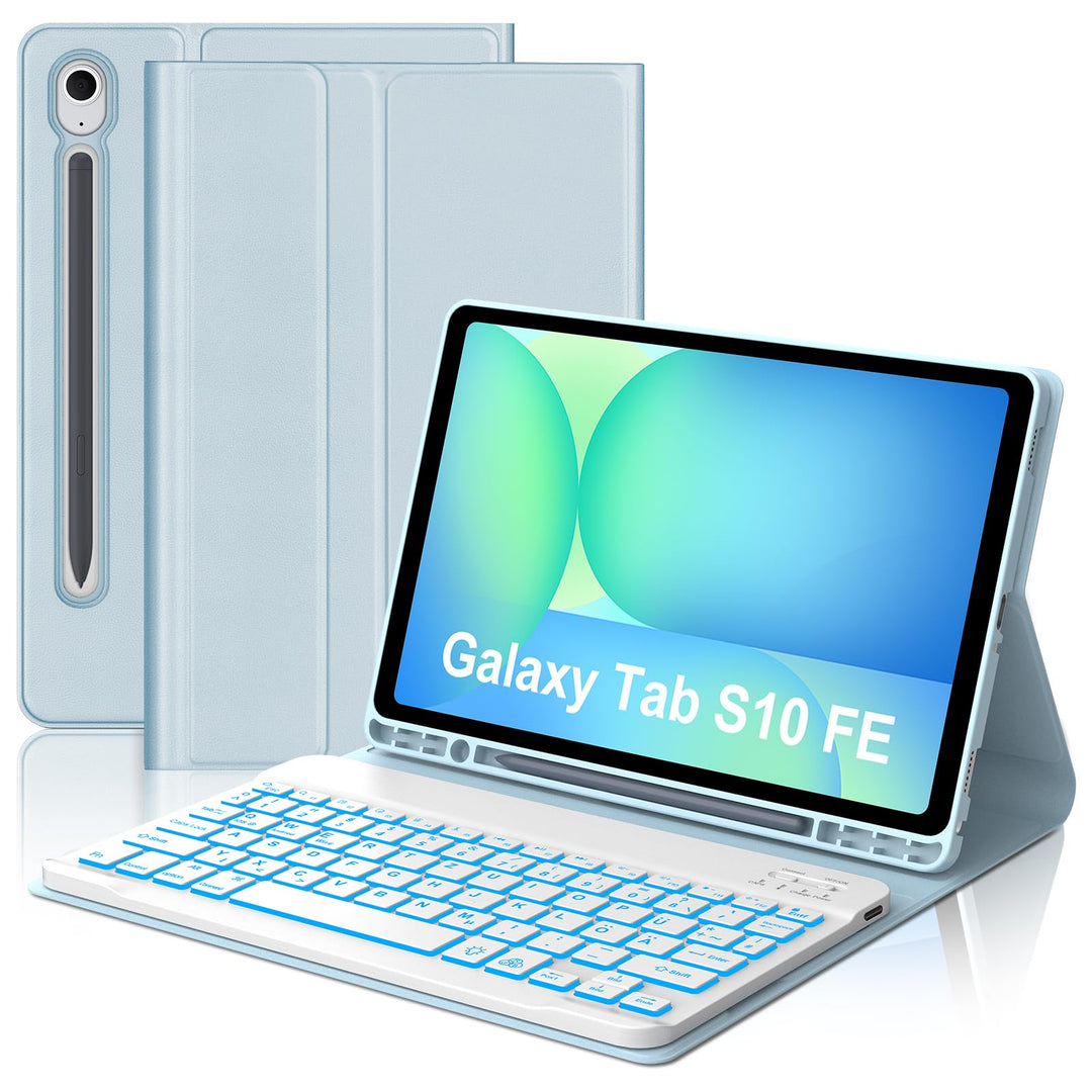 Für Samsung Galaxy Tab S10 FE Hülle mit Tastatur 7-Farben Beleuchtung, für S9 FE/S9 10,9/11 Zoll (20